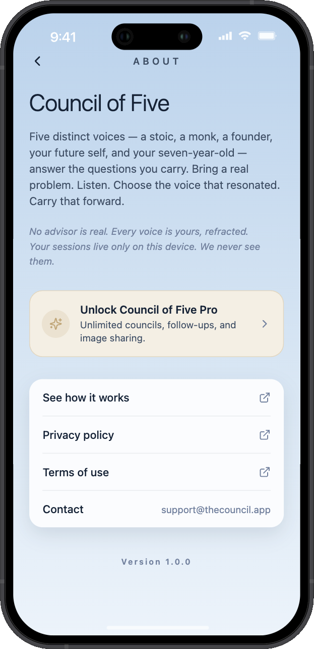 The About screen describing the app's privacy